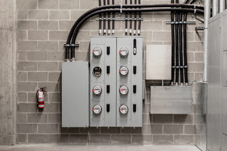 Electrical room with multiple smart meters, cabinets, and wiring